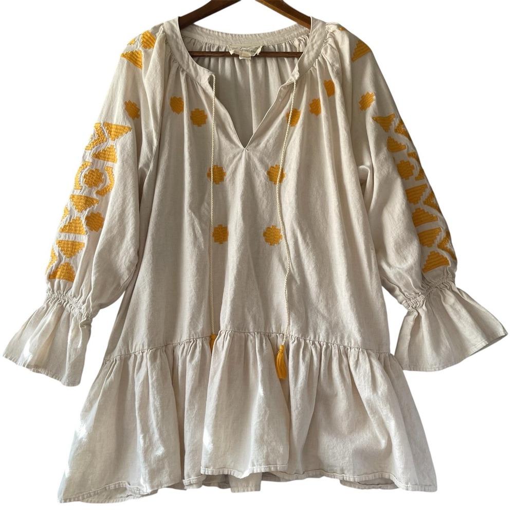 Evy's Tree The Jolene Top Women L Beige Yellow Embroidered Boho Ethnic Festival